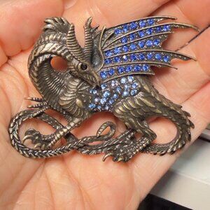 Dragon Brooch Blue Rhinestone Fantasy Creature Statement Pin 2.5”